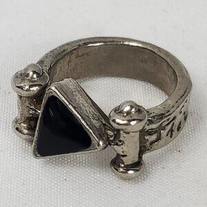 Silver Tone Triangular Black Enameled Top Fidget Spinner Ring